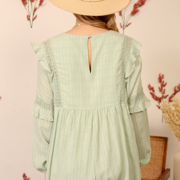 LUMIERE Sage Green Long Sleeve Romper with Ruffle Details, Boho Chic - Picture 6 of 9